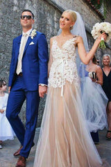 Lace Boho Wedding Dress fleshcolor Tulle Bridal Gown Sexy Backless A-Line Court Train Beach Wedding Dress With Detachable Satin Sash-Dbrbridal