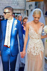 Lace Boho Wedding Dress fleshcolor Tulle Bridal Gown Sexy Backless A-Line Court Train Beach Wedding Dress With Detachable Satin Sash-Dbrbridal