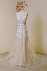 Lace Boho Wedding Dress fleshcolor Tulle Bridal Gown Sexy Backless A-Line Court Train Beach Wedding Dress With Detachable Satin Sash-Dbrbridal