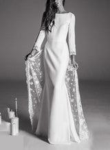 Lace Elastic Satin Wedding Dresses Sheath Fitted Silhouette Scoop Neckline Long Sleeves-Dbrbridal