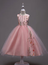 Lace Embroidered Kids Tutu Dress Tulle Sleeveless Burgundy Little Girls Party Dress-Dbrbridal