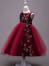 Lace Embroidered Kids Tutu Dress Tulle Sleeveless Burgundy Little Girls Party Dress-Dbrbridal
