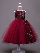 Lace Embroidered Kids Tutu Dress Tulle Sleeveless Burgundy Little Girls Party Dress-Dbrbridal