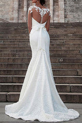 Lace Illusion Wedding Dress Neck Long Sleeves Mermaid Bridal Gowns With Court Train-Dbrbridal