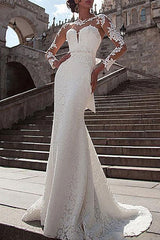 Lace Illusion Wedding Dress Neck Long Sleeves Mermaid Bridal Gowns With Court Train-Dbrbridal