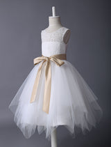 Lace Ivory Tutu Dress Satin Ribbon Bow Sash Illusion Kids Party Dress-Dbrbridal