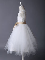 Lace Ivory Tutu Dress Satin Ribbon Bow Sash Illusion Kids Party Dress-Dbrbridal