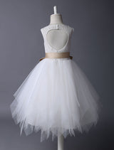 Lace Ivory Tutu Dress Satin Ribbon Bow Sash Illusion Kids Party Dress-Dbrbridal