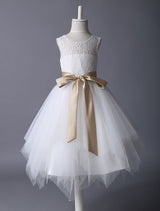 Lace Ivory Tutu Dress Satin Ribbon Bow Sash Illusion Kids Party Dress-Dbrbridal