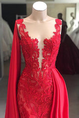 Lace Long Evening Dresses Sleeveless Red Prom Dresses with Cape-Dbrbridal