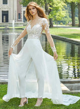 Lace Long Sleeve Jumpsuit Wedding Dress Illusion Neck-Dbrbridal