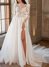 Lace Long Sleeves High Neck Wedding Dresses Organza-Dbrbridal