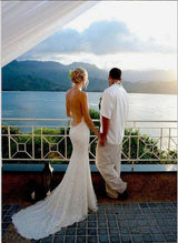 Lace Mermaid Fitted V-neck Chapel Train Wedding Dresses-Dbrbridal