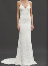 Lace Mermaid Fitted V-neck Chapel Train Wedding Dresses-Dbrbridal