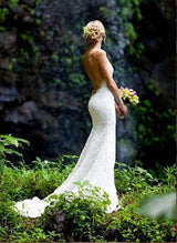 Lace Mermaid Fitted V-neck Chapel Train Wedding Dresses-Dbrbridal