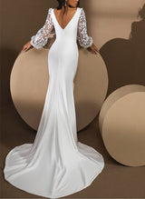 Lace Mermaid Fitted V-Neck Long Sleeves Elastic Satin Wedding Dresses-Dbrbridal