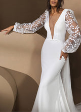 Lace Mermaid Fitted V-Neck Long Sleeves Elastic Satin Wedding Dresses-Dbrbridal
