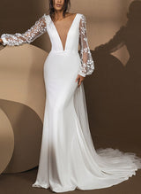 Lace Mermaid Fitted V-Neck Long Sleeves Elastic Satin Wedding Dresses-Dbrbridal