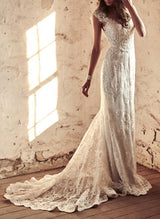 Lace Mermaid Fitted V Neck Wedding Dresses Lace Sweep Train-Dbrbridal