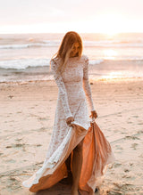 Lace Open Back Wedding Dresses Court Train Long Sleeves-Dbrbridal