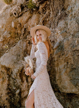 Lace Open Back Wedding Dresses Court Train Long Sleeves-Dbrbridal