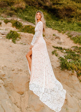 Lace Open Back Wedding Dresses Court Train Long Sleeves-Dbrbridal