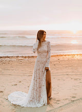 Lace Open Back Wedding Dresses Court Train Long Sleeves-Dbrbridal
