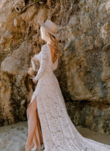Lace Open Back Wedding Dresses Court Train Long Sleeves-Dbrbridal