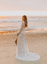 Lace Open Back Wedding Dresses Court Train Long Sleeves-Dbrbridal