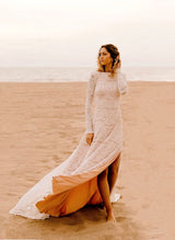 Lace Open Back Wedding Dresses Court Train Long Sleeves-Dbrbridal