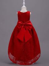 Lace Pink High Low Ball Gowns Sleeveless Bow Sash Princess Party Dresses-Dbrbridal