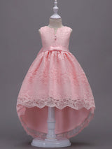 Lace Pink High Low Ball Gowns Sleeveless Bow Sash Princess Party Dresses-Dbrbridal