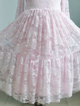Lace Pink Round Neck Long Sleeve Flower Girl Dress-Dbrbridal