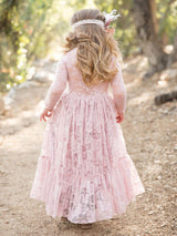 Lace Pink Round Neck Long Sleeve Flower Girl Dress-Dbrbridal