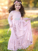 Lace Pink Round Neck Long Sleeve Flower Girl Dress-Dbrbridal