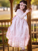 Lace Pink Round Neck Long Sleeve Flower Girl Dress-Dbrbridal