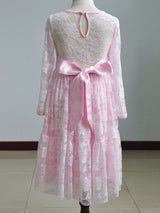 Lace Pink Round Neck Long Sleeve Flower Girl Dress-Dbrbridal