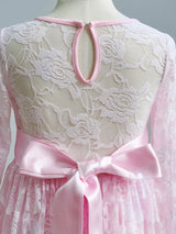 Lace Pink Round Neck Long Sleeve Flower Girl Dress-Dbrbridal