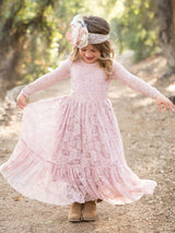 Lace Pink Round Neck Long Sleeve Flower Girl Dress-Dbrbridal