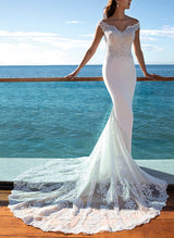 Lace Summer Beach Mermaid Fitted Wedding Dresses Off-the-Shoulder-Dbrbridal