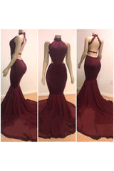 Lace Top High-Neck Mermaid Long Burgundy Evening Gowns Prom Dresses-Dbrbridal