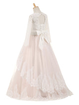 Lace Tulle Bows Satin Pageant Dresses Round Neck Long Sleeve Sash Blush Pink Floor Length Party Dress-Dbrbridal
