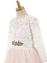 Lace Tulle Bows Satin Pageant Dresses Round Neck Long Sleeve Sash Blush Pink Floor Length Party Dress-Dbrbridal