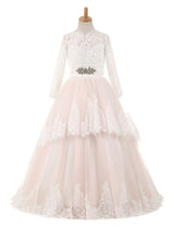 Lace Tulle Bows Satin Pageant Dresses Round Neck Long Sleeve Sash Blush Pink Floor Length Party Dress-Dbrbridal