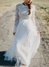 Lace Tulle Chic A-line Wedding Dresses Long Sleeves-Dbrbridal