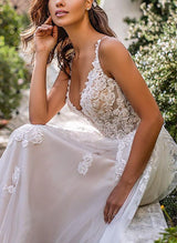 Lace V-neck Backless Wedding Dresses Cascading Ruffles-Dbrbridal