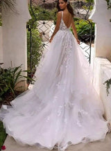 Lace V-neck Backless Wedding Dresses Cascading Ruffles-Dbrbridal
