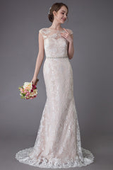 Lace Wedding Dress Champagne Jewel Sleeveless Sexy Backless Mermaid Beach Wedding Gown With Train Exclusive-Dbrbridal