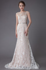 Lace Wedding Dress Champagne Jewel Sleeveless Sexy Backless Mermaid Beach Wedding Gown With Train Exclusive-Dbrbridal
