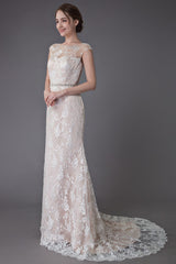 Lace Wedding Dress Champagne Jewel Sleeveless Sexy Backless Mermaid Beach Wedding Gown With Train Exclusive-Dbrbridal
